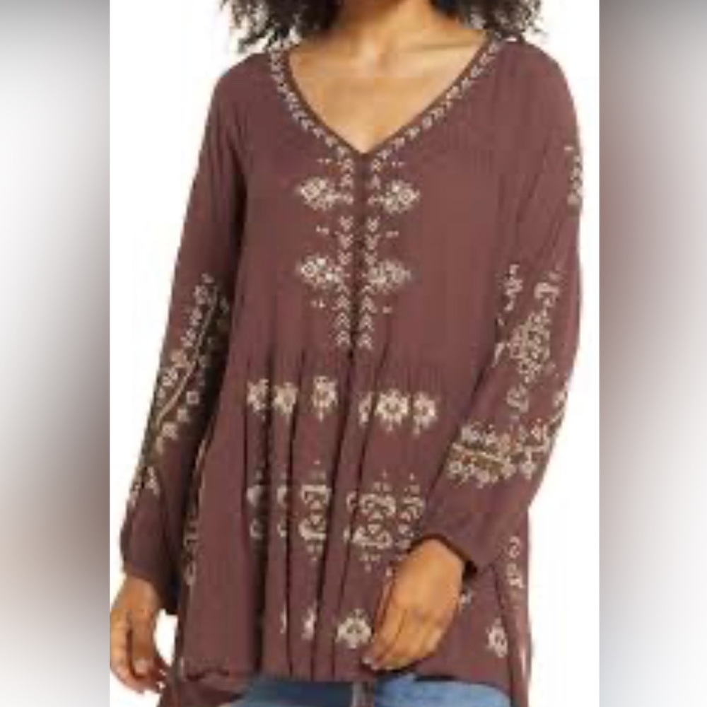 NEW FREE PEOPLE Arianna Embroidered Tunic Dress In brown  high low (MEDIUM)